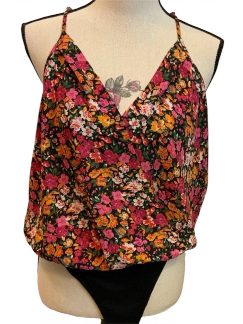 Pleione Floral Bodysuit w Adjustable Straps ultra thin Thong black bottom - Sz S